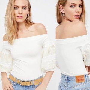 Free People White Rock With It Top Fitted Bodice Sz XS Puff Sleeve Off Shoulder